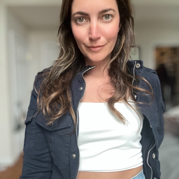 Navy Jacket with White Crop Top - Picture 3 of 5